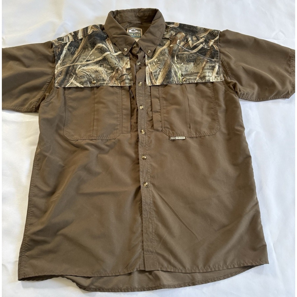Drake Waterfowl Systems mens shirt large brown camo hunting outdoors EUC